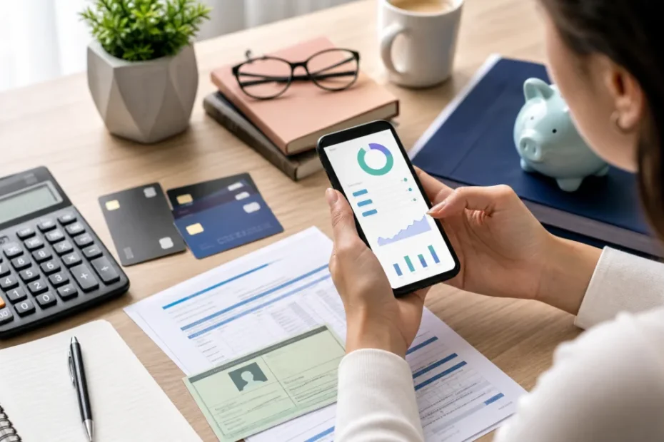 Pessoa organizando documentos financeiros e cartão pelo celular