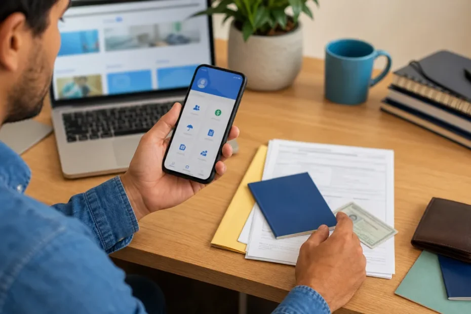 Pessoa organizando documentos e serviços digitais