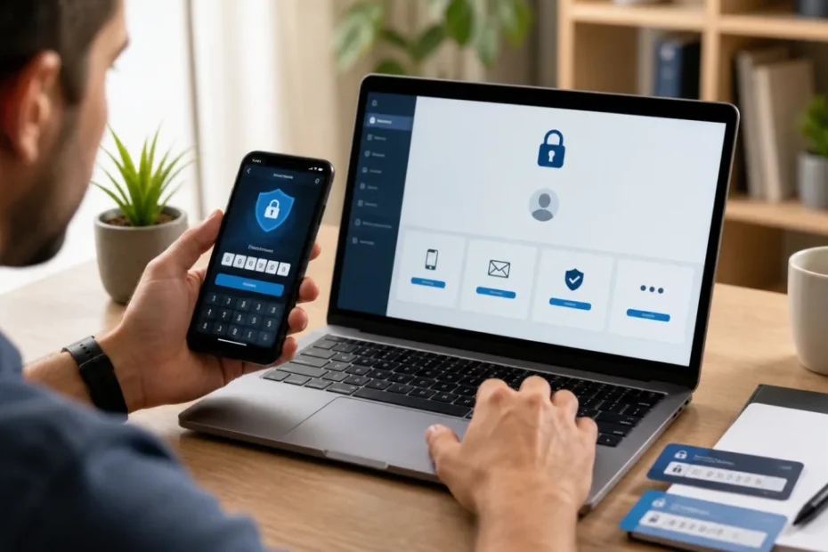 Pessoa configurando segurança e recuperação de conta em dispositivos