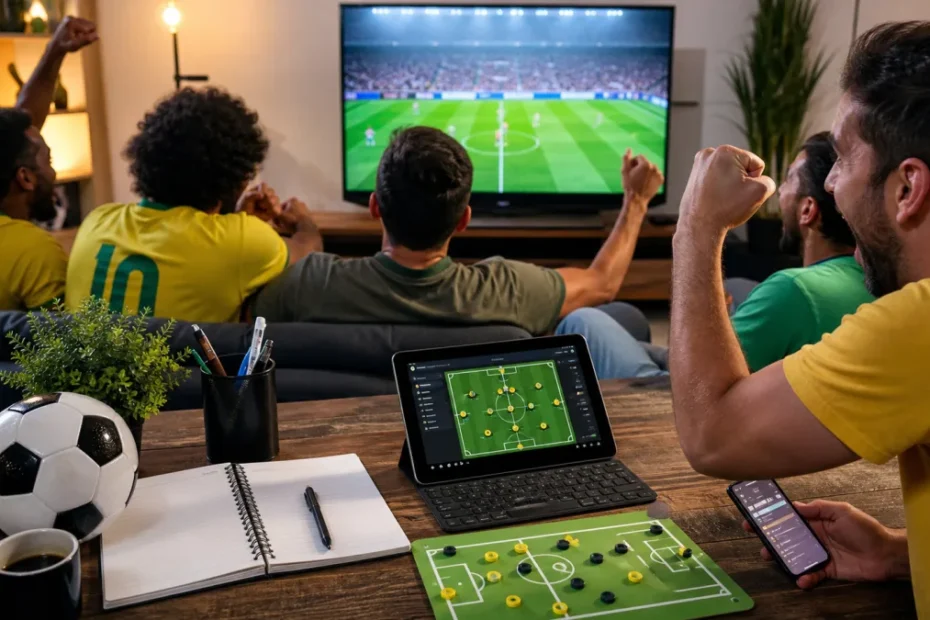 Torcedores acompanhando futebol e tabela de jogos em casa
