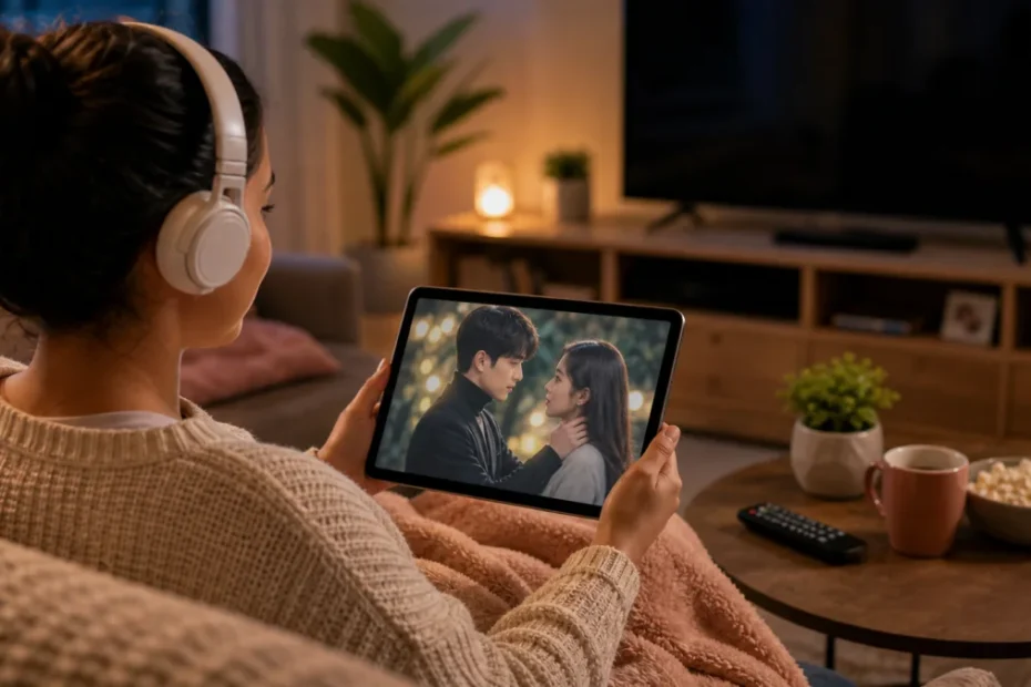 Pessoa assistindo dorama dublado em português no tablet