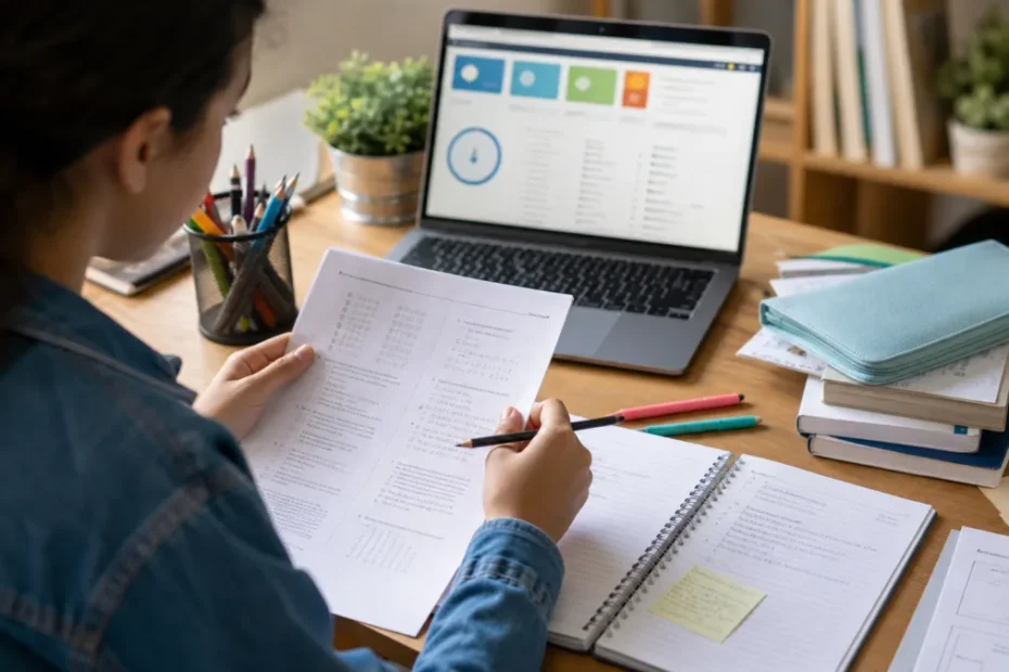Estudante revisando provas e materiais de estudo
