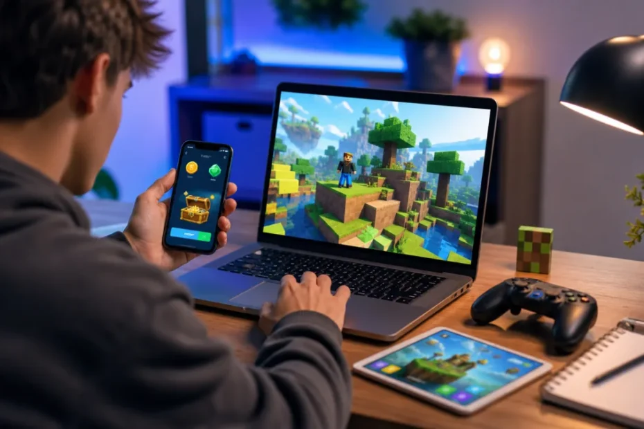 Pessoa usando computador e celular para tutorial de jogos online