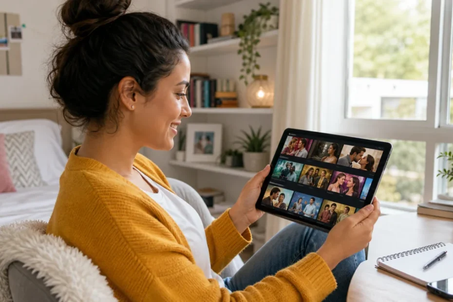 Person watching Mexican soap operas for free on a tablet.