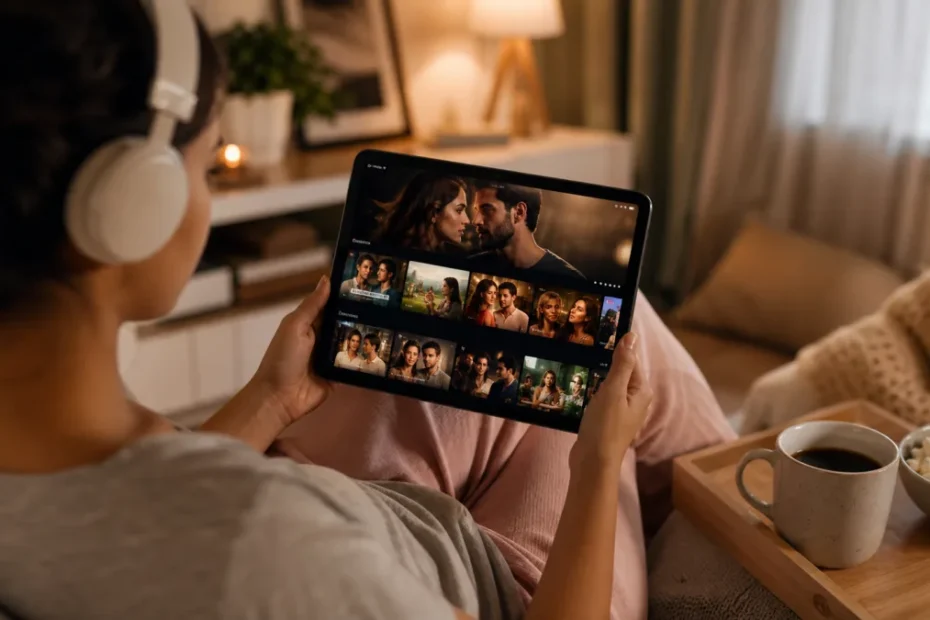 Pessoa assistindo novelas online em um tablet em casa