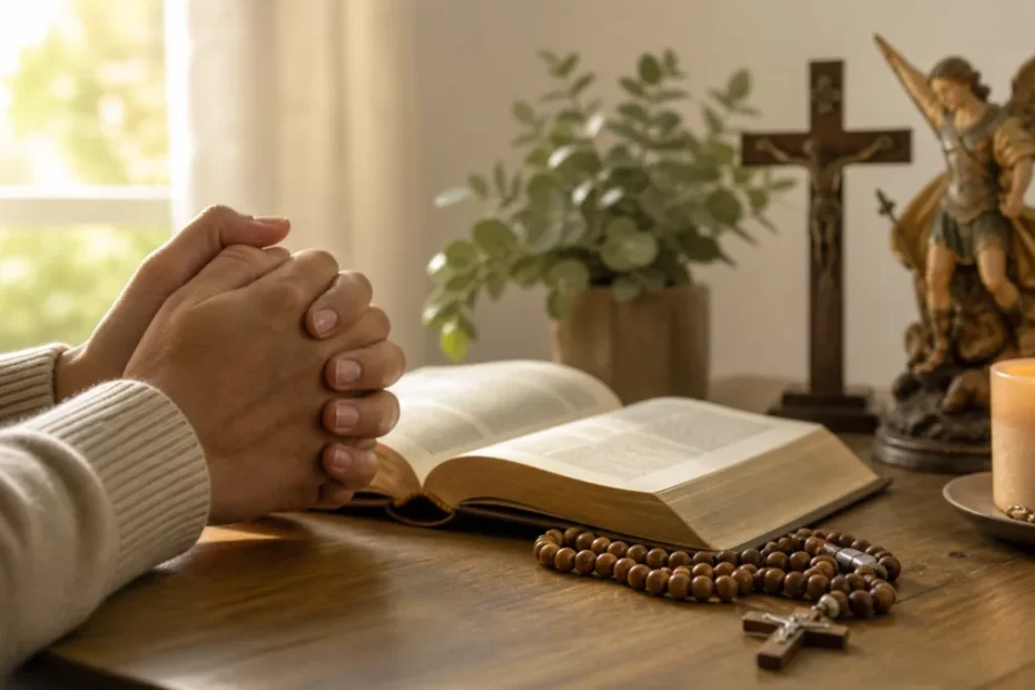 Un libro de oraciones con un rosario y una vela en un entorno tranquilo.