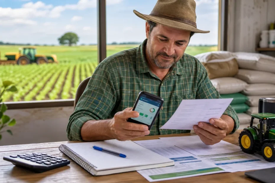 Agricultor revisando documentos de apoio financeiro rural