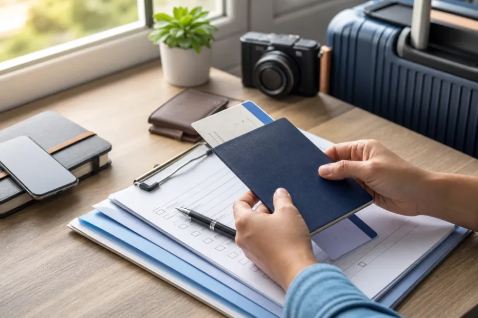 Documentos de passaporte organizados para atendimento