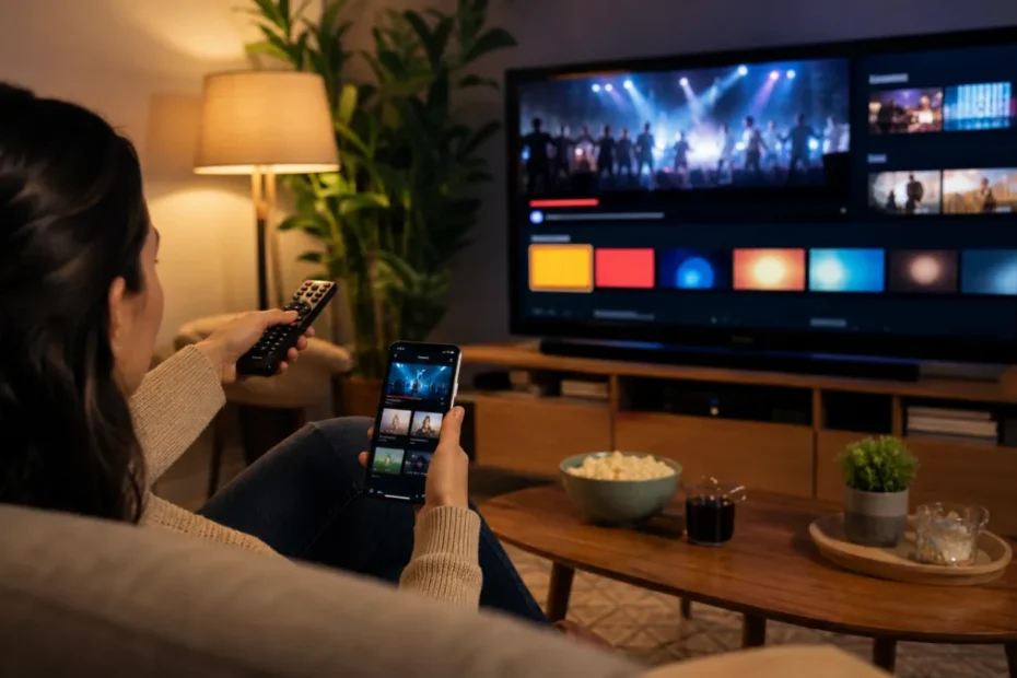 Pessoa usando celular para acessar aplicativo de streaming na TV