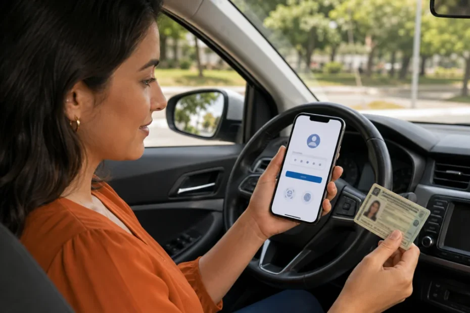 Pessoa solicitando CNH Digital pelo celular dentro do carro