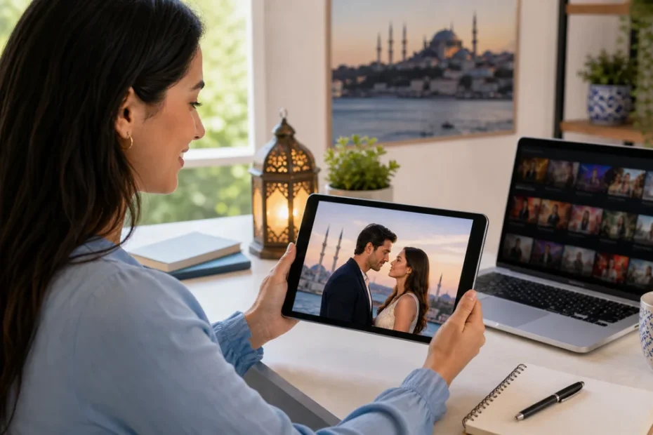 Pessoa assistindo novela turca dublada em português no tablet