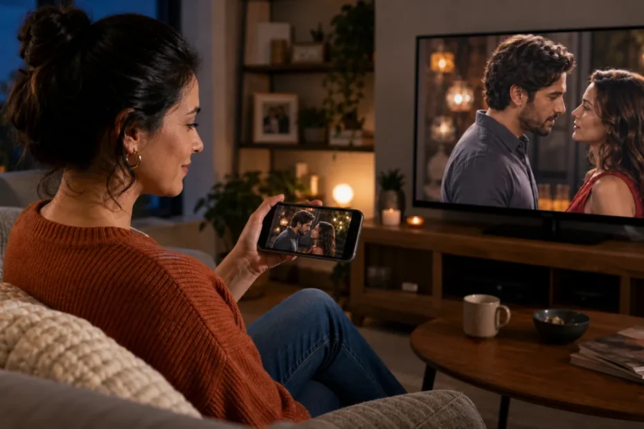 Pessoa assistindo capítulo de novela brasileira pelo celular e TV