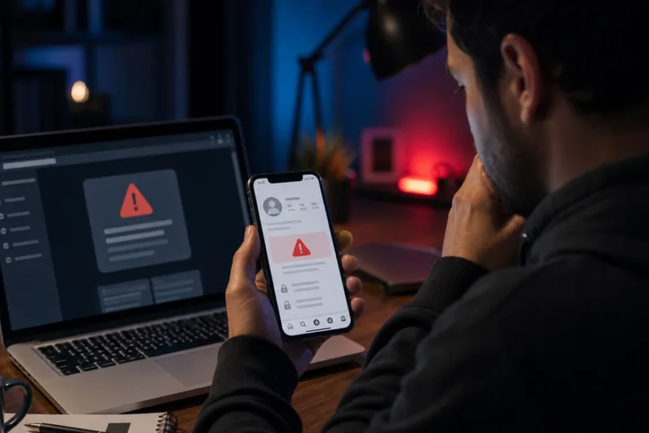 Pessoa tentando recuperar conta de rede social hackeada pelo celular