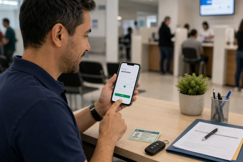 Pessoa solicitando renovação da CNH pelo celular em ambiente de atendimento